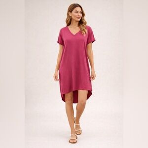 Bella Dahl Magenta Rayon T-Shirt Dress V-Neck Hi-Low Hem Casual Coastal Chic S